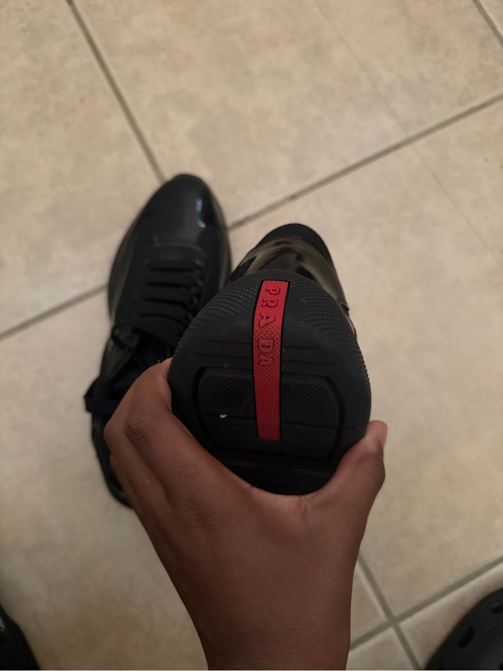 Prada Black Patent & Mesh Low-Top Sneakers with Red Logo Tape - Picture 5 of 5